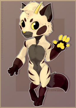 4_toes 5_fingers anthro body_tuft brown_background chibi digitigrade feet fingers fur grey_body grey_fur hair horn male multicolored_body multicolored_fur navel nude pawpads paws red_body red_fur simple_background solo tan_body tan_fur toes yellow_eyes zhekathewolf canid canine canis domestic_cat domestic_dog felid feline felis mammal 2020 absurd_res hi_res signature