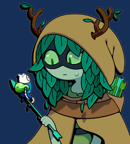 ambiguous_gender antlers arrow_(weapon) bodily_fluids duo hood horn leaf leaf_hair mask micro not_furry plant plant_hair pseudo_hair ranged_weapon sitting sweat toony weapon discount-supervillain adventure_time cartoon_network finn_the_human huntress_wizard elemental_creature elemental_humanoid flora_fauna human humanoid mammal plant_humanoid alpha_channel
