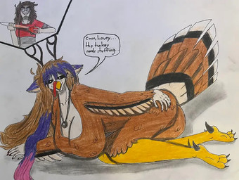 adam's_apple anthro antlers avian_caruncle beak bedroom_eyes big_breasts breasts collarbone colored_nails duo evil_smirk eyewear feathers feet female freckled_face freckles glasses grin hair hand_on_butt holidays horn huge_breasts imminent_sex inverted_eyes jewelry long_hair lying male male/female multicolored_hair nails narrowed_eyes necklace pivoted_ears plumage seductive shadow smile snood_(anatomy) spurs_(anatomy) tail tail_feathers talons toes turkey_baster turkey_costume wings dylanaildon_no_2 thanksgiving tirisk_(dylanaildon_no_2) toby_(dylanaildon_no_2) avian bird forest_spirit galliform human mammal phasianid turkey traditional_media_(artwork)