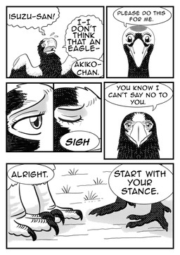 black_body black_feathers dialogue duo feathers feet female feral grass outside plant simple_background speech_bubble talons text toes white_body white_feathers comixqueen akiko_(comixqueen) isuzu_(comixqueen) accipitrid accipitriform avian bird crane_(bird) eagle gruiform grus_(genus) red-crowned_crane sea_eagle steller's_sea_eagle 2025 black_and_white comic english_text hi_res monochrome