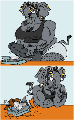 angry annoyed anthro arm_hair balls bangs belly_hair big_balls big_penis bodily_fluids body_hair bottomwear breasts broken_furniture broken_object butt chest_hair clothed clothing cracked ear_piercing ear_ring elderly elderly_anthro elderly_gynomorph elderly_intersex error_message exercise_clothing fingers foreskin gauged_ear genital_fluids genitals grey_body grey_hair grey_lips grey_skin gynomorph hair hairy hairy_breasts hairy_legs heavy_penis highlights_(coloring) holding_penis huge_balls huge_hips huge_penis huge_thighs humanoid_genitalia humanoid_penis humor hyper hyper_genitalia hyper_penis intersex lips mature_anthro mature_gynomorph mature_intersex motion_lines musclegut muscular muscular_anthro muscular_arms muscular_gynomorph muscular_intersex muscular_thighs nipples open_bottomwear open_clothing open_pants pants penis penis_weighing piercing proboscis_(anatomy) pubes ring_piercing shaved_head shirt simple_background solo tank_top thick_thighs throbbing throbbing_penis tired_eyes topwear trunk_(anatomy) tusk_jewelry tusk_ring tusks underwear unretracted_foreskin vein veiny_penis weighing_scale wide_hips ducdevinny grannybase_(commissioner) wei-gang_(grannybase) asian_elephant elephant elephantid mammal proboscidean 2025 colored comic digital_drawing_(artwork) digital_media_(artwork) flat_colors hi_res