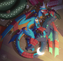 bdsm blindfold bondage bound bound_together christmas_decorations christmas_lights christmas_present christmas_tree cobondage duo feral gift holidays male muzzle_(object) muzzled plant tail tree n1k0 christmas mythology dragon mythological_creature mythological_scalie scalie absurd_res hi_res