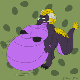 anthro black_body black_scales black_skin curved_horn female gold_ring green_eyes horn hyper hyper_pregnancy jewelry pregnant scales solo dirtymac mythology dragon mythological_creature mythological_scalie scalie 1:1 absurd_res hi_res herm_(lore)