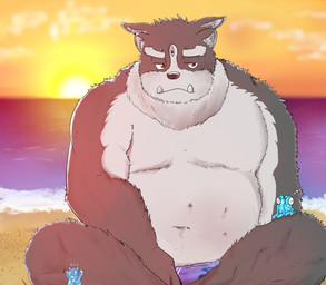 anthro beach belly cute_fangs fangs kemono male moobs outside overweight overweight_anthro overweight_male seaside sitting solo sun teeth water tentetutetuya lifewonders tokyo_afterschool_summoners tsathoggua_(tas) 2020