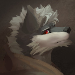 anthro black_nose clothed clothing fur glistening glistening_eyes grey_body grey_fur hair looking_at_viewer male messy_hair mouth_closed red_eyes short_hair side_view simple_background solo tan_clothing tan_topwear topwear unsigned white_body white_fur white_hair awaldkize canid mammal 1:1 bust_portrait detailed hi_res icon portrait