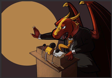 accessory anthro biped black_clothing black_suit brows claws clothing electronics horned_neck horned_wings male membrane_(anatomy) membranous_wings microphone necktie orange_body orange_necktie paper podium politics red_body sharp_teeth shirt simple_background solo speaking_to_another stripes suit teeth topwear white_clothing white_shirt white_topwear wings wrinkled_snout guephren mythology cerath_(dragon-lover) dragon mythological_creature mythological_scalie scalie 2023
