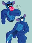 3:4 4_fingers alien anthro anthrofied balls big_penis black_eyes blue_nose bodily_fluids cum disney experiment_(lilo_and_stitch) fingers food genital_fluids genitals green_background grin head_tuft hi_res licking licking_popsicle lilo_and_stitch male muscular muscular_anthro muscular_male palister35 penis popsicle pubes simple_background smile solo stitch_(lilo_and_stitch) tongue tuft vein veiny_penis