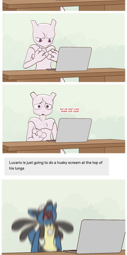 anthro biped blue_body blue_fur computer desk despair dialogue duo electronics female feral fur furniture laptop looking_at_viewer male pale_skin purple_eyes screaming table tail text tc-96 nintendo pokemon generation_1_pokemon generation_4_pokemon legendary_pokemon lucario mewtwo pokemon_(species) 2023 absurd_res comic english_text hi_res line_art