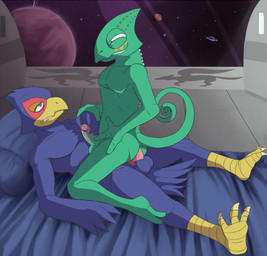 anal anal_penetration anthro balls bdsm bed blue_body blue_feathers bodily_fluids cowgirl_position detailed_background duo erection eye_contact feathers from_front_position furniture genitals humanoid_genitalia humanoid_penis interspecies looking_at_another lying male male/male male_on_bottom male_on_top male_penetrated male_penetrating male_penetrating_male nude on_back on_bottom on_top penetration penis pillow power_bottom pubes sex space spacescape straddling sweat tail thegreatmatsutzu nintendo star_fox falco_lombardi leon_powalski avian bird chameleon falcon falconid flap-necked_chameleon lizard reptile scalie
