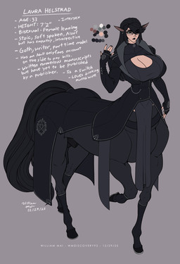 alternative_fashion animal_genitalia armwear balls big_breasts black_body black_clothing black_eyeshadow black_fur black_hair black_lips black_lipstick black_nail_polish black_nails black_tail breasts cleavage clothed clothing collar colored_nails ear_piercing elbow_gloves eyeshadow fur genitals gloves goth grey_eyes gynomorph hair handwear hooves horse_ears intersex legwear lips lipstick makeup nails piercing sheath solo stockings tail text wmdiscovery93 european_mythology greek_mythology mythology laura_helstrad centaur equid equid_taur humanoid_taur mammal mammal_taur taur english_text hi_res model_sheet