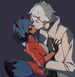 5_fingers anthro black_body black_fur black_hair blue_body blue_eyes blue_fur blue_hair breasts brown_body brown_fur clothed clothing coat collar duo eyes_closed female female_on_human fingers fluffy fluffy_tail fully_clothed fur hair human_on_anthro interspecies jacket kissing male male/female male_on_anthro multicolored_body multicolored_fur multicolored_hair short_hair tail topwear white_hair liao_(artist) brand_new_animal studio_trigger michiru_kagemori shirou_ogami canid canine human mammal raccoon_dog tanuki absurd_res hi_res