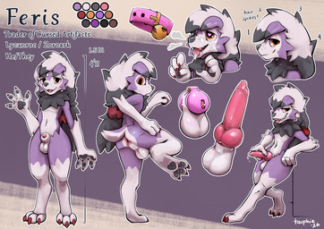 accessory animal_genitalia animal_penis anthro arm_tuft bell bell_collar bodily_fluids butt canine_genitalia canine_penis chastity_cage chastity_device claws collar cum cum_on_face digitigrade dripping elbow_tuft erection floppy_ears fur genital_fluids genitals hair hair_accessory hand_on_penis heart_eyes heart_symbol hip_tuft leaning long_hair looking_at_viewer male multicolored_body multiple_poses neck_tuft pawpads penis pose precum precum_drip presenting presenting_hindquarters purple_body red_claws sheath short_tail simple_background solo standing tail text toe_claws tongue tongue_out tuft wave white_body white_fur yellow_eyes tauphie nintendo pokemon pokemon_mystery_dungeon spike_chunsoft fan_character feris_(ferislycan) generation_5_pokemon generation_7_pokemon hybrid lycanroc pokemon_(species) zoroark 2026 absurd_res colored english_text hi_res model_sheet