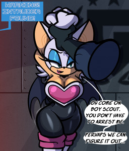 ambiguous_gender anthro big_breasts breasts caught cleavage clothed clothed_anthro clothed_female clothing duo eyeshadow female female_focus fur latex latex_clothing lipstick makeup shortstack solo_focus tail tan_body tan_skin teasing text wings yellowcyann sega sonic_the_hedgehog_(series) rouge_the_bat bat mammal digital_media_(artwork) english_text hi_res
