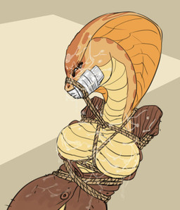 apode bdsm bodily_fluids bondage bound breasts clothed clothing cum cum_covered cum_on_breasts cum_on_chest cum_on_clothing cum_on_face exposed_breasts eyebrows eyes_closed facial_scales featureless_breasts female gag genital_fluids hands_behind_back legless markings messy non-mammal_breasts orange_body orange_scales restrained restraints rope rope_bondage scale_eyebrows scales serpentine snake_hood snout solo sweater tape tape_gag topwear ventral_scales carniscorner x-com sarissa_(siansaar) draconcopode naga reptile scalie snake viper_(x-com) 2015