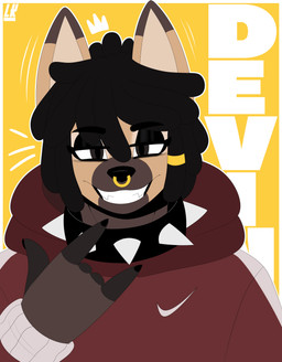 anthro clothing collar crown dreadlocks eyeshadow facial_piercing hand_sign headgear hoodie makeup male nose_piercing nose_ring piercing ring_piercing sharp_teeth simple_background smile solo spiked_collar spikes sweater teeth text topwear lobokosmico devin_(yungyiff) canid canine canis domestic_dog german_shepherd herding_dog mammal pastoral_dog 2021 absurd_res digital_drawing_(artwork) digital_media_(artwork) hi_res
