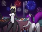 alcohol anthro beer beverage black_body black_fur blonde_hair blue_eyes breasts casual_nudity duo female food fur genitals grey_body grey_fur hair hot_dog looking_back navel night nipples nude outside purple_eyes purple_hair pussy remarkably_average dreamkeepers the_wayward_astronomer miri_rodgers vanir canid canine fox mammal