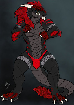 anthro bulge claws clothed clothing detailed_bulge ear_frill finger_claws frill_(anatomy) front_view genital_outline grey_body grey_scales hair horn male male_anthro mouth_closed orange_eyes orange_sclera penis_outline red_hair scales simple_background solo standing toe_claws topless white_horn wide_stance hufnaar mythology dragon mythological_creature mythological_scalie scalie 2017 full-length_portrait hi_res portrait signature