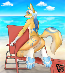 anthro beach beach_chair big_butt big_ears big_tail blue_body blue_fur blue_hair blue_markings breasts butt chair cloud curvy_figure day diamond_(marking) feet female fluffy fluffy_tail foot_focus foreshortening fox_ears fox_tail fur furniture geometric_markings hair long_hair looking_back lounger lounging markings multicolored_hair no_clothing nude outside pawpads paws rear_view reclining sand sea sitting sky soles solo sunny tail thick_thighs three-quarter_view water white_body white_fur wide_hips yellow_body yellow_fur flowco fenny_diamond canid canine fennec_fox fox mammal true_fox absurd_res hi_res