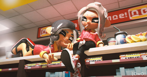 beverage black_tentacles bottomwear clothed clothing dark_body dark_skin duo employee_uniform female flip_flops footwear inside pants pseudo_hair ramen_noodles sandals shoes shorts smoking soda tentacle_hair tentacles text owo_sfm chuck_taylor_all_stars converse nintendo oxxo splatoon agent_8_(splatoon) octoling_girl animal_humanoid aquatic aquatic_humanoid cephalopod cephalopod_humanoid humanoid mollusk mollusk_humanoid octarian octoling 3d_(artwork) absurd_res digital_media_(artwork) hi_res source_filmmaker_(artwork) spanish_text widescreen