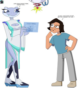 3_fingers anthro bald bell_sleeves blue_eyes body_swap boots bottomwear breasts butt cleavage_cutout clothed clothing curvy_figure cutout device dialogue dress duo eyelashes eyewear facial_hair female fingers footwear glasses grey_body hair high_heeled_boots high_heels hologram holographic_display holographic_screen long_eyelashes male mature_female mustache pants scientist shirt shoes short_hair side_leg_cutout simple_background sweatpants text tongue tongue_out topwear username wide_hips dezzy_draws alien amphibian frog human mammal 2024 absurd_res digital_media_(artwork) english_text hi_res