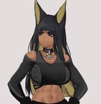 abs armwear athletic athletic_female athletic_humanoid big_breasts black_armwear black_clothing black_hair blonde_hair breasts brown_eyes clothed clothing collar crop_top dark_body dark_skin eye_markings female fully_clothed gloves grey_background hair hands_on_hips handwear long_hair markings midriff multicolored_hair navel shirt simple_background solo standing tan_body tan_skin topwear two_tone_hair animenopls egyptian_mythology middle_eastern_mythology mythology anput animal_humanoid canid canid_humanoid canine canine_humanoid humanoid jackal_humanoid mammal mammal_humanoid half-length_portrait hi_res portrait