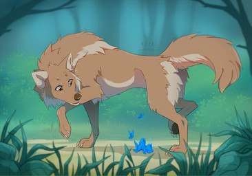 ambiguous_gender blue_butterfly brown_eyes brown_nose brown_pawpads cheek_tuft eyelashes facial_tuft female feral forest fur grass group larger_female larger_feral nude pawpads plant size_difference smaller_ambiguous smaller_feral snout tail tan_body tan_claws tan_fur tree tuft walking azzai arthropod butterfly canid canine canis insect lepidopteran mammal wolf 2017 colored digital_drawing_(artwork) digital_media_(artwork) shaded