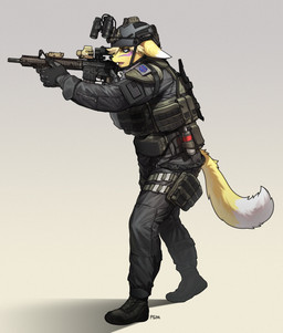 anthro ar-15 armor assault_rifle boots bulletproof_vest clothing dipstick_ears dipstick_tail ear_markings footwear fur gloves gun handwear headgear helmet male markings multicolored_ears open_mouth ranged_weapon rifle shoes solo tactical tail tail_markings weapon white_body white_fur yellow_body yellow_fur pgm300 bandai_namco digimon canid digimon_(species) mammal renamon 2021 absurd_res digital_media_(artwork) hi_res shaded