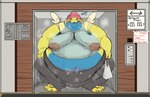 anthro areola belly biped blush bodily_fluids clothing detailed_background dunsparce elevator embarrassed english_text generation_2_pokemon hat headgear headwear hi_res male moobs morbidly_obese musk navel nintendo nipples obese onetonhalfshell overweight overweight_male pokemon pokemon_(species) public slob solo sweat sweatpants text
