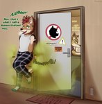 anthro clothed clothing door fart fart_cloud fart_fetish footwear gassy green_eyes hair male profanity prohibition_sign red_hair smelly socks stalking tail text daukus harley_(dmb) sydney_(dmb) canid canine canis dingo jackal mammal english_text hi_res