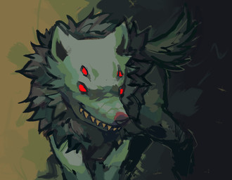4_eyes abstract_background black_inner_ear black_nose female feral fluffy fur grey_body grey_fur hair looking_away mane mane_hair multi_eye no_pupils quadruped red_sclera sharp_teeth smile solo standing tail teeth pies_aka_psina fear_and_hunger moonless canid canine canis eldritch_abomination mammal wolf 2022 colored digital_drawing_(artwork) digital_media_(artwork) shaded