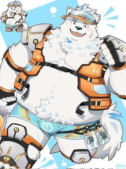 anthro belly blush bulge clothing eyewear fingerless_gloves fur gloves goggles handwear hat headgear headwear life_jacket lock_symbol male overweight solo visor_cap white_body white_fur mao_zhy lifewonders live_a_hero yohack canid canine canis domestic_dog mammal nordic_sled_dog samoyed spitz hi_res