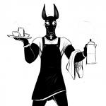 1:1 2019 ankh ankh_necklace anthro anubian_jackal anubis appliance apron bangle black_and_white black_body black_fur bodily_fluids canid canine canis clothed clothing coffee_maker container cup deity digital_media_(artwork) ear_piercing egyptian egyptian_mythology fur hi_res hladilnik jackal jewelry kitchen_appliance male mammal middle_eastern_mythology monochrome muscular muscular_anthro muscular_male mythology necklace nervous piercing shirt solo sweat sweatdrop t-shirt tea_cup topwear waiter walk_like_an_egyptian