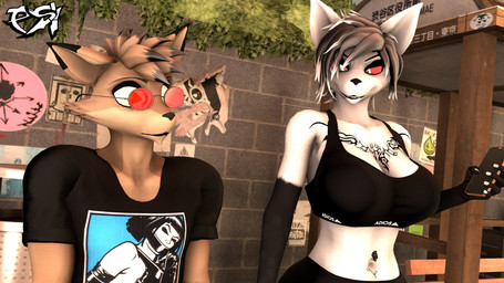 anthro big_breasts black_body black_bra black_clothing black_fur black_hair black_highlights black_sports_bra black_underwear bra breasts brown_body brown_fur brown_hair cellphone chest_tattoo cleavage clothed clothed_anthro clothed_female clothing duo electronics eyewear female freckled_face freckles fur glasses hair highlights_(coloring) male multicolored_body multicolored_fur multicolored_hair navel_tattoo phone red_sclera shirt smartphone sports_bra t-shirt tattoo topwear two_tone_body two_tone_fur two_tone_hair underwear wearing_glasses white_body white_eyes white_fur white_highlights psikokinetic warfaremachine_(modeler) natsumi_mercier psiko_(psikokinetic) canid canine canis demon jackal mammal 16:9 2024 3d_(artwork) 4k absurd_res digital_media_(artwork) hi_res source_filmmaker_(artwork) widescreen