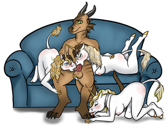 1_horn 4_toes 5_fingers all_fours animal_genitalia annoyed anthro ball_lick balls blonde_hair blue_eyes blue_sofa blush body_worship breasts brown_balls brown_body brown_scales brown_skin claws collaborative collaborative_fellatio collaborative_oral collaborative_sex collar dominant dominant_male eyes_closed feet fellatio female female_licking_male female_penetrated fingers foot_fetish foot_lick foot_play forced foursome fur furniture genital_worship genitals green_eyes group group_sex hair hand_on_back hand_on_head hand_on_leg harem head_grab hooves horn licking male male/female male_penetrating male_penetrating_female master master/slave metal_collar nipples nude oral oral_penetration orgy penetration penile penis penis_worship pink_nipples red_penis ridged_penis scales sex sheath simple_background sitting slave sofa sofa_sex submissive submissive_female tail toes tongue tongue_out white_background white_body white_breasts white_fur dobiesketch mythology dragontalon_(dragontalon) dragon equid equine mammal mythological_creature mythological_equine mythological_scalie reptile scalie unicorn wingless_dragon 2021 4:3 story story_at_source story_in_description