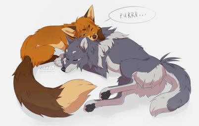 bangs black_pawpads blep blue_eyes brown_markings brown_tail cheek_tuft claws dipstick_tail duo facial_tuft female feral feral_with_hair fur grey_body grey_fur hair long_snout looking_at_another lying lying_on_another male markings on_front on_side one_eye_closed orange_body orange_fur orange_hair pawpads pink_tongue purring short_hair simple_background size_difference sleeping smaller_male snout speech_bubble tail tail_markings tan_body tan_fur text tongue tongue_out tuft white_background white_claws azzai azzai_wanderia_(azzai) canid canine canis fox mammal red_fox true_fox wolf 2019 cel_shading colored digital_drawing_(artwork) digital_media_(artwork) english_text shaded