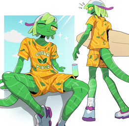 anthro backwards_baseball_cap backwards_hat baseball_cap bodily_fluids bottomwear clothed clothed_anthro clothed_male clothing footwear fully_clothed fully_clothed_anthro fully_clothed_male furgonomic_bottomwear furgonomics green_body green_scales hat headgear headwear long_tail male one_eye_closed scales shirt shoes shorts skinny_anthro skinny_male slim sneakers solo sweat t-shirt tail tapering_tail topwear itsjustar epic_games fortnite ziggy_(fortnite) chameleon lizard reptile scalie hi_res