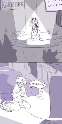 anthro antlers barefoot biped bodily_fluids clothed clothing crying electronics eyes_closed feet furniture group holding_object horn inside karaoke kneeling microphone open_mouth sign silhouette singing sofa solo solo_focus speech_bubble spotlight stage tears television text ittybittykittytittys disney zootopia cameron_(zootopia_fan_character) fan_character jamie_(zootopia_fan_character) deer felid mammal pantherine tiger 2019 comic english_text hi_res restricted_palette