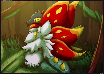ambiguous_gender amulet_coin border fur large_wings looking_offscreen solo spikes spikes_(anatomy) tuft white_body white_fur yellow_eyes screamoshaymin nintendo pokemon ancient_pokemon generation_9_pokemon paradox_pokemon pokemon_(species) slither_wing hi_res signature