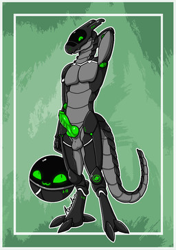 anthro athletic athletic_anthro athletic_male balls drone genitals green_eyes green_penis grey_body hand_behind_head looking_at_viewer looking_up machine male metallic_body penile_spines penis pose solo tail visor riushi rashi_(riushi) android helper_drone_(vader-san) robot synth_(vader-san) pinup