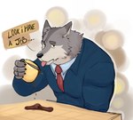 abstract_background anthro beverage business_suit clothing coffee coffee_mug dialogue furniture looking_at_viewer male messy muscular muscular_male necktie pivoted_ears solo suit table talking_to_viewer tight_clothing tired tongue tongue_out tangkookie all_saints_street vladimir_elliot_kirilenko canid canine canis mammal wolf 2023 digital_media_(artwork) half-length_portrait hi_res portrait