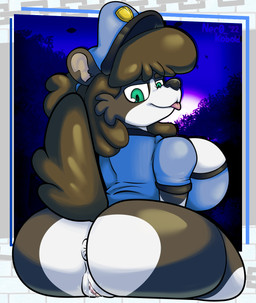 anthro anus big_breasts big_butt black_nose bodily_fluids bottomless breasts brown_body brown_fur brown_hair butt clothed clothing eyebrows female fur genital_fluids genitals green_eyes hair huge_breasts huge_butt looking_at_viewer looking_back multicolored_body multicolored_fur night partially_clothed police police_officer police_uniform presenting presenting_hindquarters presenting_vulva smile solo sunset thick_thighs tongue tongue_out topwear two_tone_body two_tone_fur uniform vaginal_fluids vulva white_body white_fur wide_hips ner0_kobold june_(ner0_kobold) canid canine canis domestic_dog mammal sprollie 2022 digital_media_(artwork) hi_res shaded