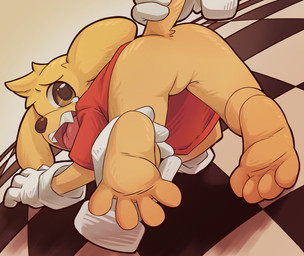 5_toes all_fours anthro barefoot bodily_fluids bottomless bottomless_male clothed clothing fangs featureless_crotch feet floating_hands forced gloves handwear holding_tail looking_at_viewer looking_back looking_back_at_viewer male open_mouth raised_tail red_clothing red_shirt red_topwear restrained_legs shirt shirt_only soles tail tears teeth toes tongue topwear topwear_only white_clothing white_gloves white_handwear young young_anthro young_male chiyoarashi1082 glitch_productions the_amazing_digital_circus scratch_(tadc) canid canine canis domestic_dog mammal absurd_res chinese_description hi_res