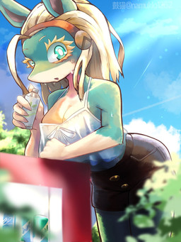 5_fingers alternate_costume anthro bent_arm beverage biped black_bottomwear black_clothing black_shorts blonde_eyebrows blonde_eyelashes blonde_hair blue_sky bodily_fluids bottle bottomwear breasts button_(fastener) cleavage clothed clothed_anthro clothed_female clothing cloud container crop_top day detailed_background eyebrows eyelashes female female_anthro fingers fully_clothed fully_clothed_anthro fully_clothed_female glistening glistening_eyes hair holding_beverage holding_bottle holding_container holding_object kemono leaning leaning_forward legs_together light light_beam looking_at_viewer multicolored_body no_bra open_mouth outside pink_inner_ear plant pupils shirt shorts sky snout solo standing sunbeam sunlight sweat sweatdrop tan_body teal_body teal_ears teal_eyes text three-quarter_view topwear white_pupils white_sclera namuklo my_hero_academia ippan_josei mammal quirked_human_(my_hero_academia) 2026 3:4 artist_name digital_drawing_(artwork) digital_media_(artwork) hi_res japanese_description portrait shaded three-quarter_portrait