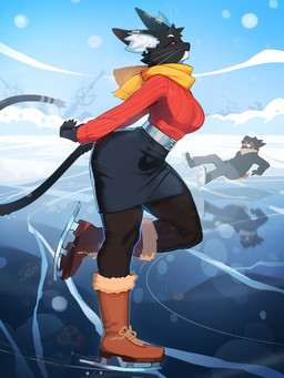 anthro belt black_body black_clothing black_hair black_leggings black_legwear black_lips bottomwear breasts brown_body claws clothed clothing curvy_figure duo ear_piercing ear_ring eyelashes female finger_claws footwear fur gloves hair handwear ice ice_skates inner_ear_fluff jacket laces leggings legwear lips looking_aside looking_at_viewer makeup male mascara multicolored_body multicolored_fur on_ground one_leg_up outside pants pencil_skirt piercing pose raised_leg red_clothing red_eyes red_sweater red_topwear ring_piercing scarf skating skirt sky snow standing sweater tail topwear tuft two_tone_body two_tone_fur whiskers white_body white_inner_ear white_inner_ear_fluff wide_eyed wide_hips yellow_sclera muart242 bacardi_(muart242) mutt_(muart242) canid canine canis domestic_cat felid feline felis mammal 2025 absurd_res full-length_portrait hi_res pinup portrait