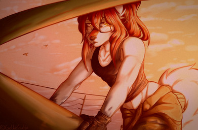anthro bottomwear cable car clothed clothing cloud detailed_background eyewear fur glasses gloves hair handwear lollipop_in_mouth looking_away male oil outside overalls scenery shirt sky solo stained sunset tail tank_top topwear vehicle white_body gothicguttz avian bird canid canine fox mammal digital_media_(artwork) hi_res