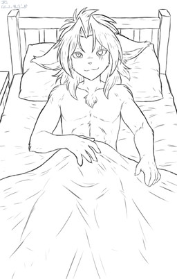 abs anthro bed bed_covers bed_frame bedding bedroom_eyes chest_fur covering covering_self eye_scar facial_scar furniture hair looking_at_viewer male narrowed_eyes nude nude_anthro nude_male on_bed scar seductive smile smug solo table under_covers jordanos21 twokinds nickolai_alaric basitin mammal hi_res monochrome