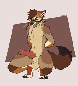angry animal_genitalia animal_penis anthro balls blush bound brown_body brown_fur canine_genitalia canine_penis claws clenched_teeth crouching ears_back erection fur genitals growling hands_behind_back knot looking_at_viewer male multicolored_body multicolored_fur muzzle_(object) penis pivoted_ears sheath simple_background solo tail teeth wire_basket_muzzle ketei mesquite_(mesquiteteef) canid canine canis coyote mammal absurd_res hi_res