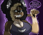 afro anthro arm_tuft aura big_breasts black_hair blonde_hair blue_eyes breasts chest_tuft claws cleavage clothed clothing commanding dialogue dipstick_ears ear_markings ear_piercing ear_ring ear_tuft elbow_tuft evil_eyes evil_face evil_grin evil_look eyebrows facial_piercing female fur gesture glistening glistening_jewelry glistening_teeth glowing glowing_eyes gold_(metal) gold_tooth grin hair hand_gesture highlights_(coloring) inner_ear_fluff jewelry metal_teeth multicolored_body multicolored_ears multicolored_fur nose_piercing nose_ring pattern_clothing pattern_shirt pattern_topwear piercing pointing poofy_hair purple_clothing purple_shirt purple_topwear ring_piercing sharp_teeth shirt showing_teeth smile solo speech_bubble tank_top teeth thick_eyebrows topwear tuft darkwolfhybrid nikole_(darkwolf) canid canine canis domestic_dog german_shepherd herding_dog husky hybrid mammal nordic_sled_dog pastoral_dog spitz hi_res