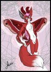 abstract_background ambiguous_gender antennae_(anatomy) anthro biped black_border blue_eyes border chest_tuft dipstick_tail flat_chested fur green_eyes hair heterochromia insect_wings lepidopteran_wings markings navel nude pink_hair red_body red_fur simple_background solo standing tail tail_markings tuft white_body white_fur wings laur arthropod canid canine cecropia_moth fox hybrid insect lepidopteran mammal moth saturniid 2005