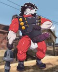 anthro armor balls bandolier barazoku bodily_fluids body_armor boots bottomwear clothed clothed_anthro clothed_male clothing crotch_apron cum cum_drip detailed_background dripping erection footwear genital_fluids genitals glans gradient_penis grenade_launcher gun holding_gun holding_object holding_ranged_weapon holding_weapon jumpsuit looking_at_viewer male open_bottomwear open_clothing open_pants outside pants penis pointy_ears presenting presenting_penis ranged_weapon red_bottomwear red_clothing red_jumpsuit red_pants red_sclera screencap screencap_background sharp_teeth shoes smug_grin snout solo sweat sweaty_balls sweaty_genitalia sweaty_penis tail teeth vein veiny_penis weapon maldu nintendo pokemon team_fortress_2 valve demoman_(team_fortress_2) jack_mercer_(undeadmercer) generation_8_pokemon obstagoon pokemon_(species) hi_res